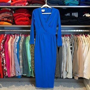 Vintage Georgee blue back zipper and slit long sleeve v neck maxi dress size XS